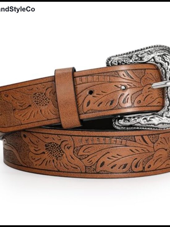 Accessories - Vintage Western Belt with Engraved Buckle for Women Men PU Leather